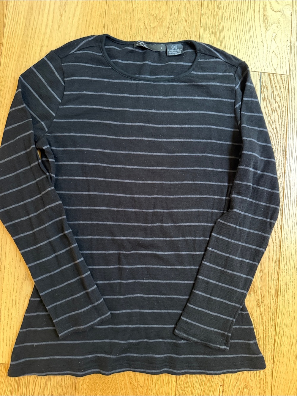 Foil Women’s Long-Sleeve Striped Crewneck Tee. Pure Merino. Warm. Layering.
